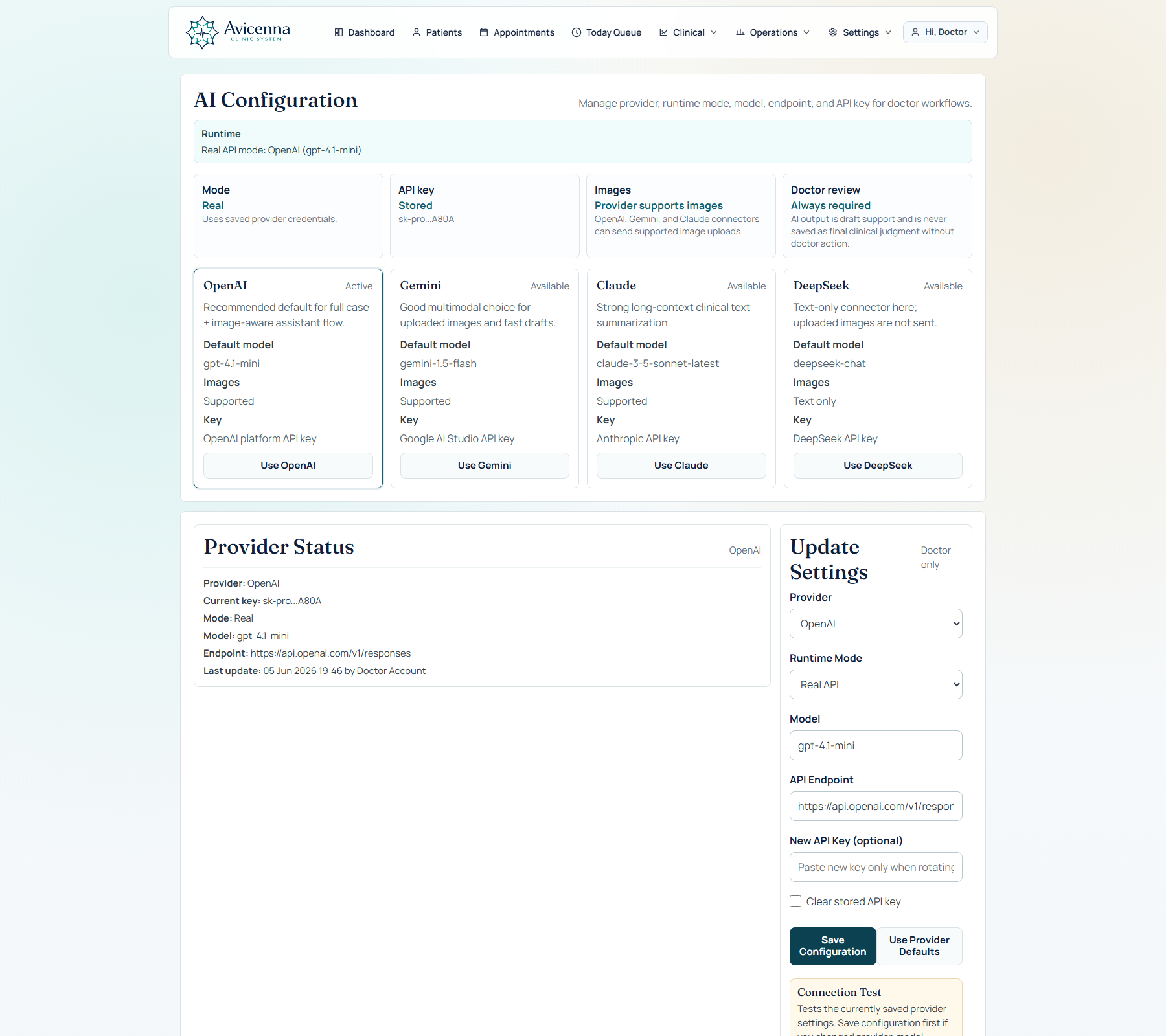 AI provider and configuration controls in Avicenna