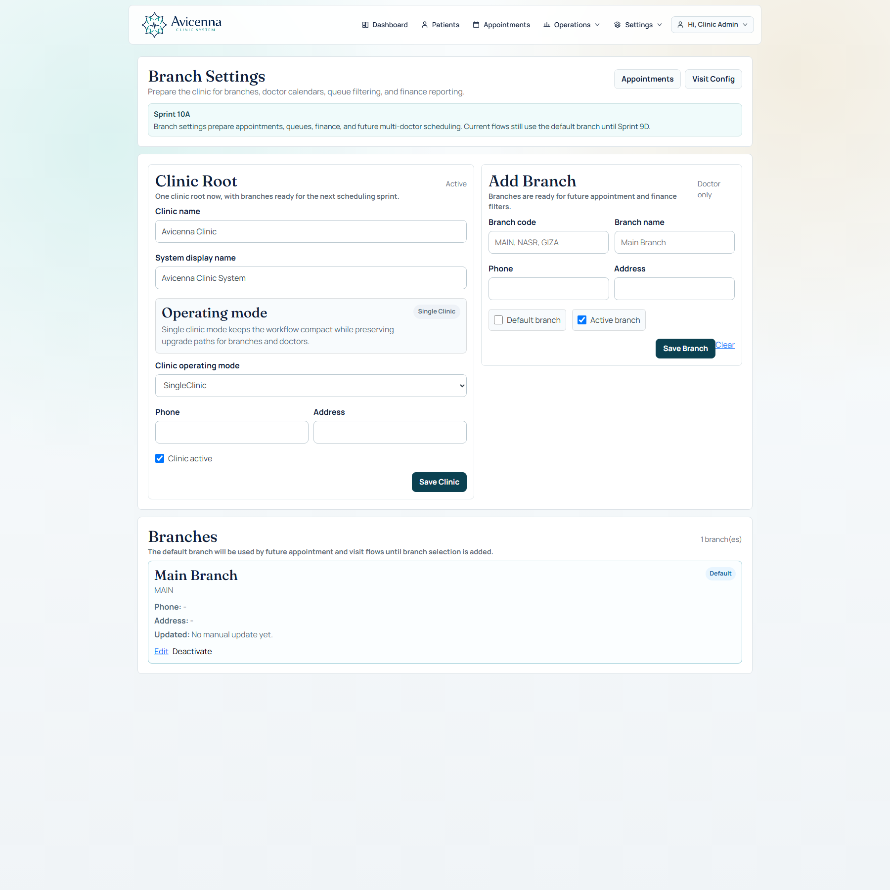 Avicenna branch settings