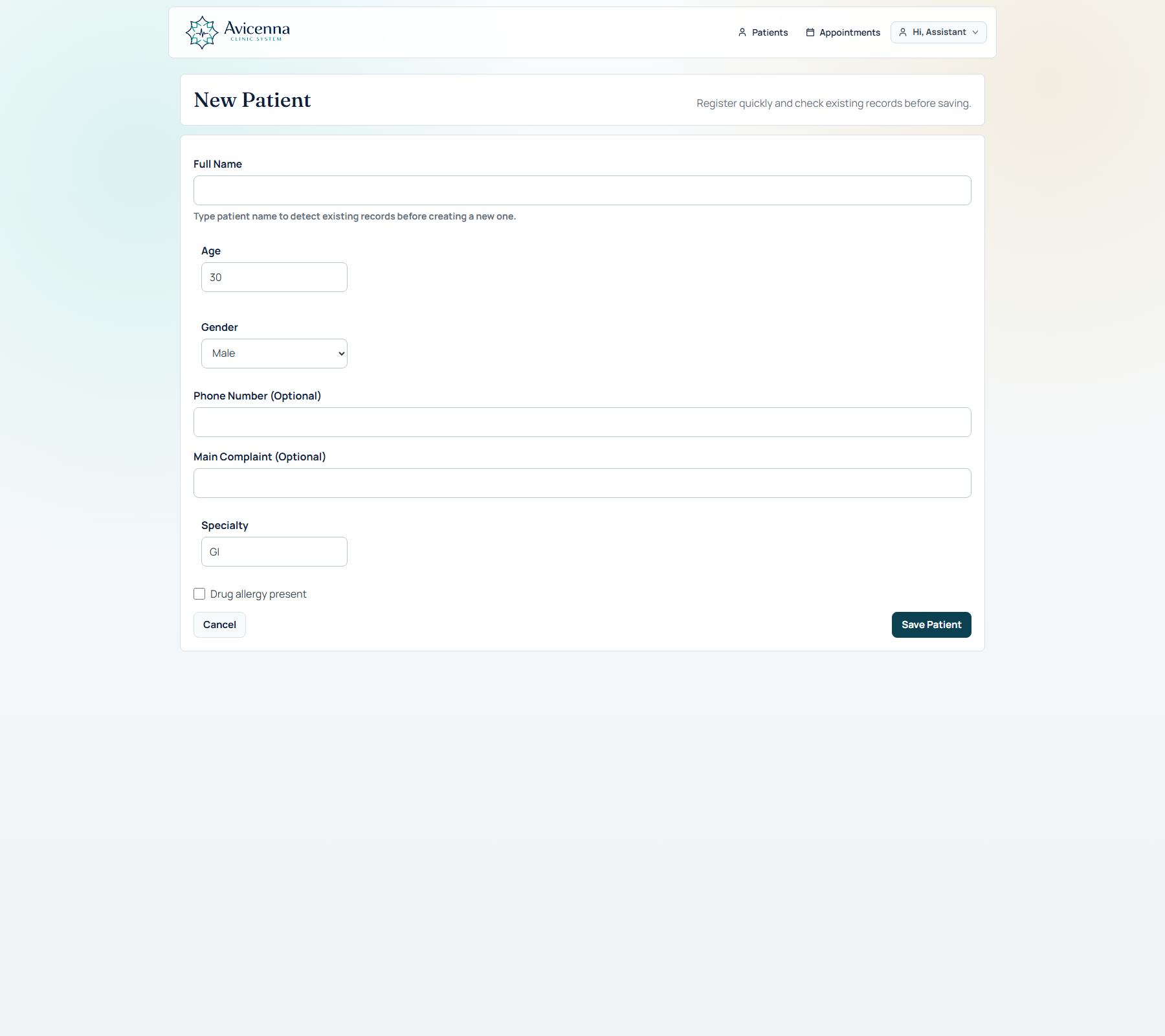 New patient registration